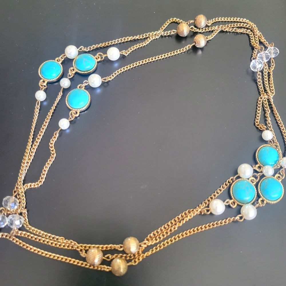 Turquoise and Gold Asymmetrical Necklace with Organic Design